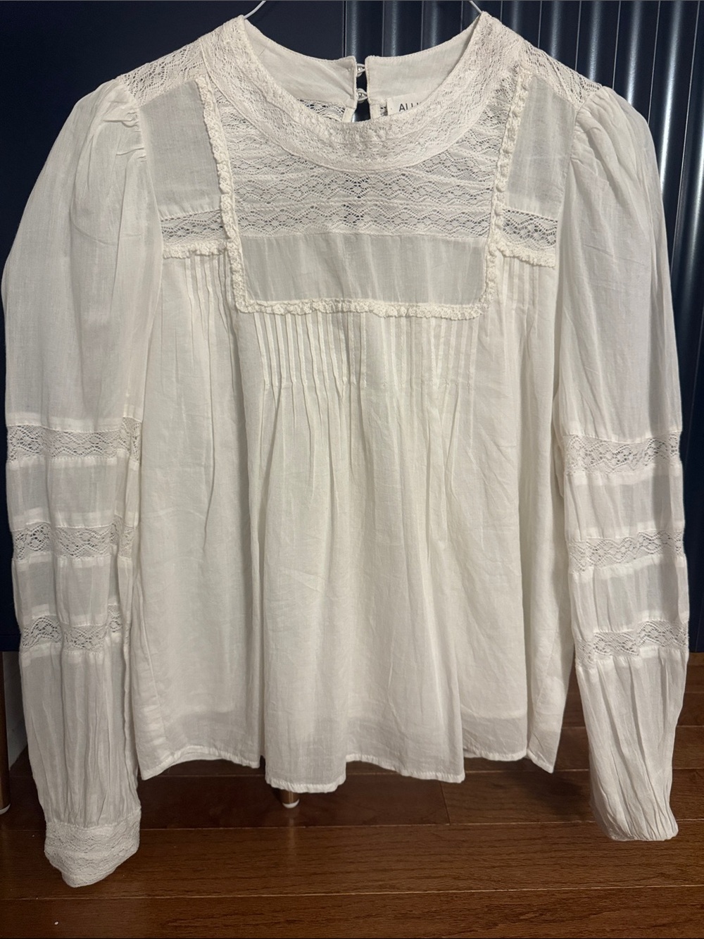 White Lace-Yoke Peasant Blouse with Pintuck Front